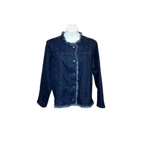 Coldwater Creek dark denim button up jean jacket with frayed trim size 1X